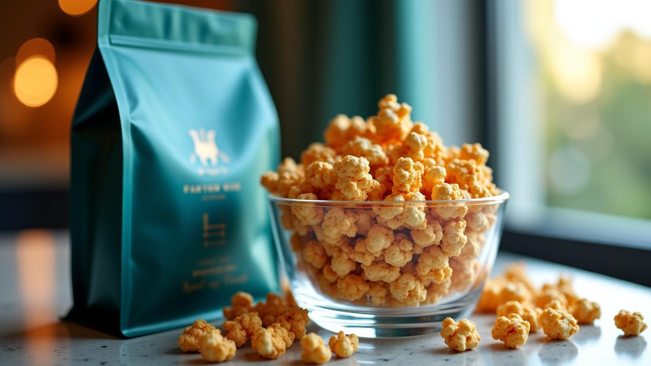 Variety of gourmet popcorn applications including branded bags and bowls