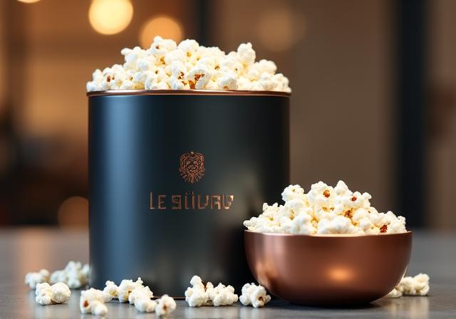Sophisticated copper-finished popcorn tin with custom corporate branding