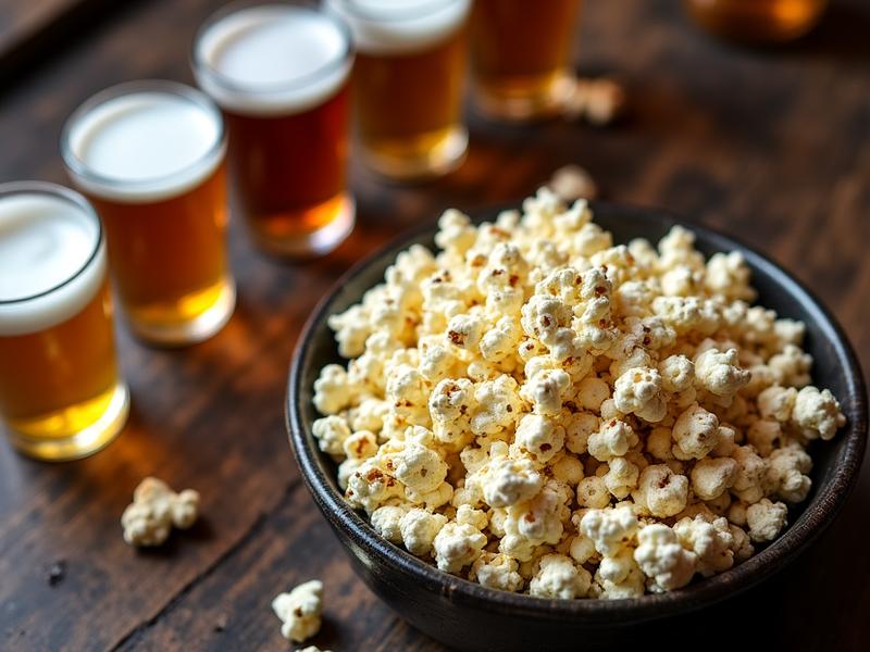 Craft beer flight next to bowls of spicy and savory popcorn