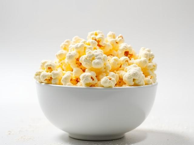 White cheddar dusted popcorn in a wooden bowl