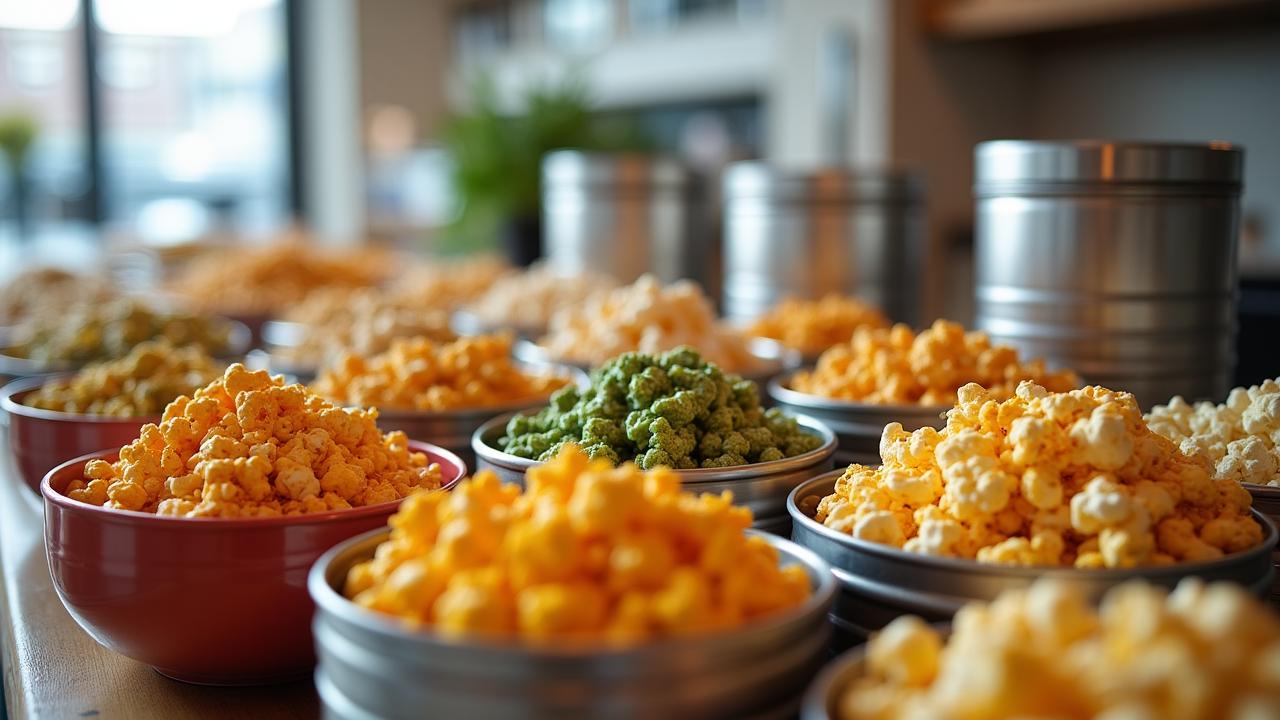 A premium spread of gourmet popcorn in custom metallic tins and elegant bowls