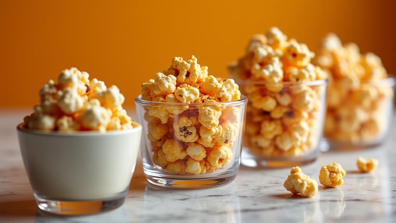 Artistic arrangement of gourmet popcorn flavors in premium glass bowls