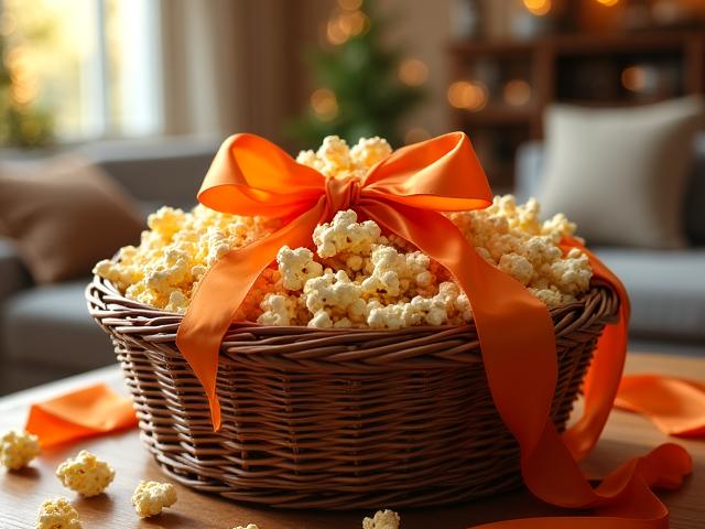 Festive holiday popcorn gift basket with ribbons