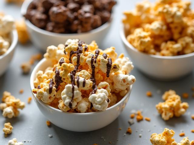 A variety of gourmet popcorn flavors in elegant bowls including caramel and savory options