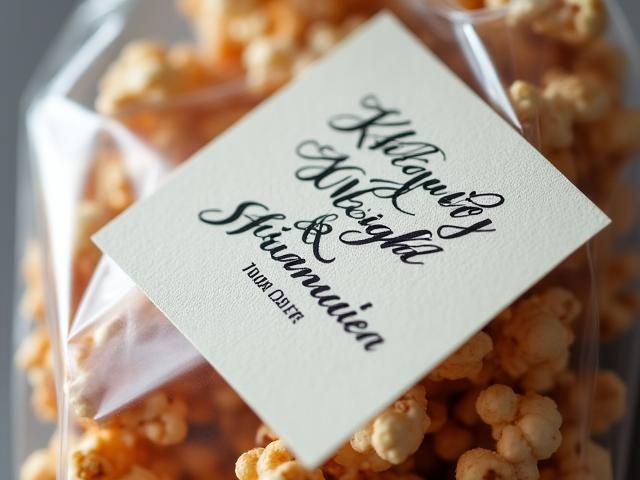 Close up of personalized wedding labels on popcorn jars with elegant calligraphy
