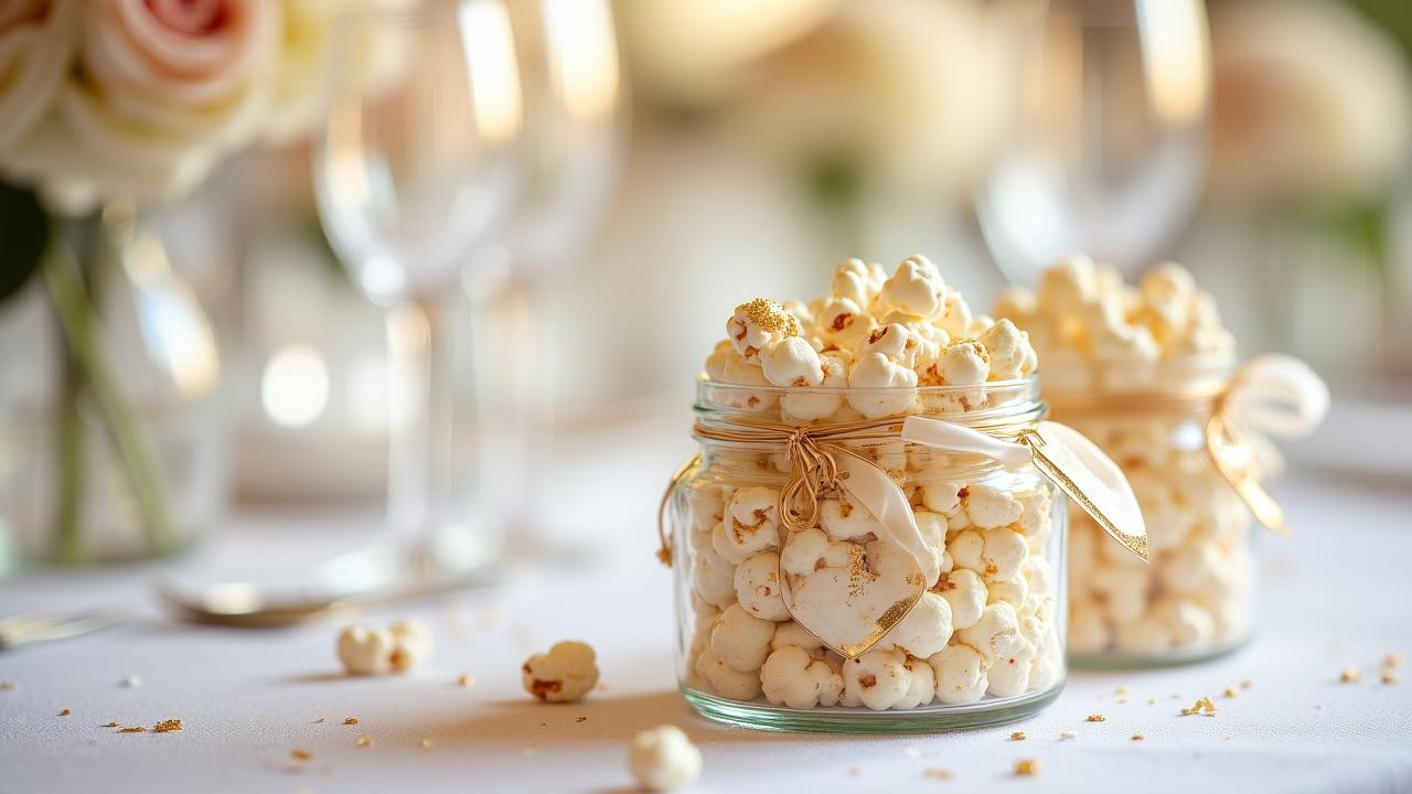 Artistically arranged champagne-flavored popcorn favors with gold silk ribbons on a white linen wedding table