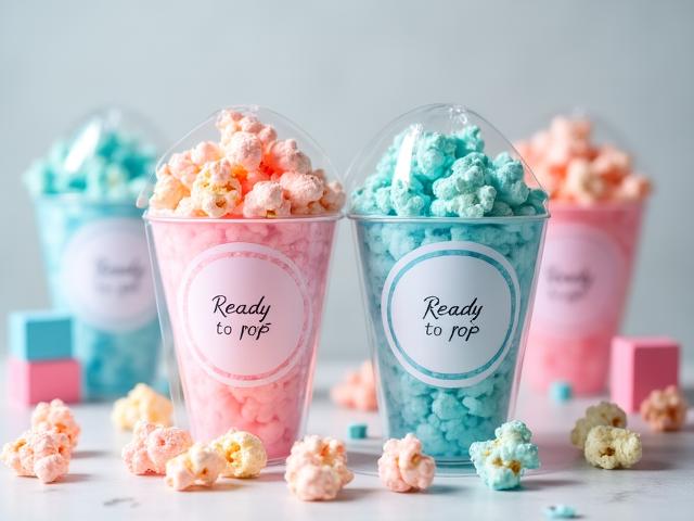 Baby shower popcorn favors with 'Ready to Pop' blue and pink packaging