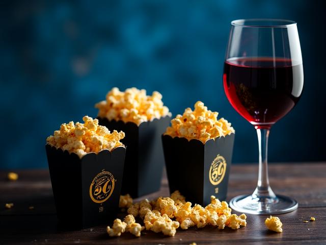 Luxe popcorn favors for a 50th birthday party with gold branding