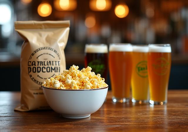 Borealis Poppery gourmet popcorn served alongside a craft beer flight in a rustic Toronto brewery